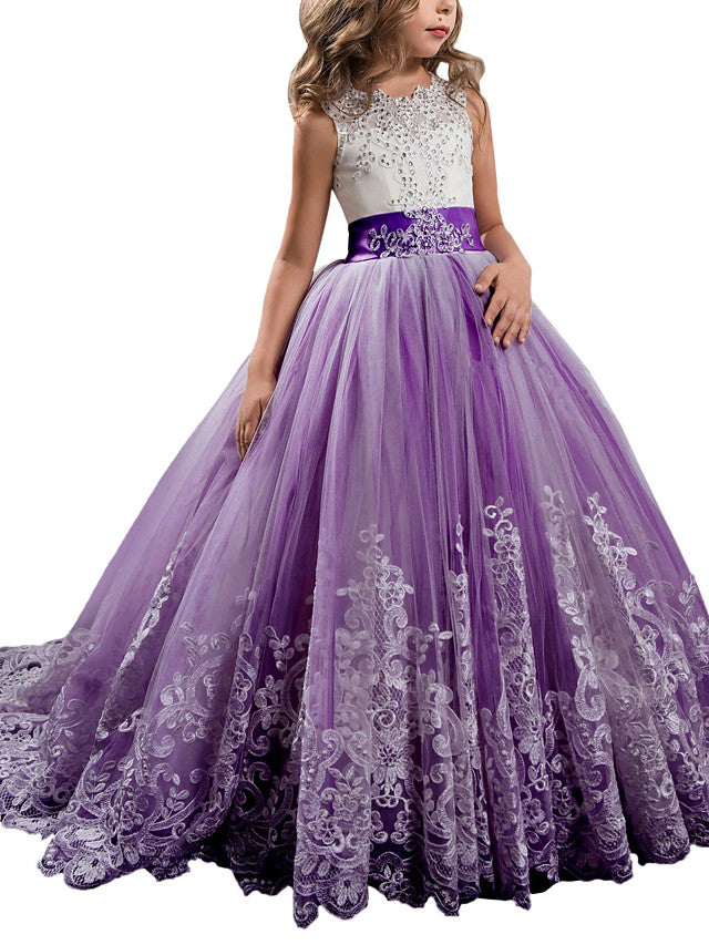 Long Ball Gown Tulle Lace Jewel Neck Pageant Flower Girl Dresses With Bow(S)