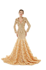 Charming Long Mermaid V-neck Satin Lace Formal Dress with Sleeves