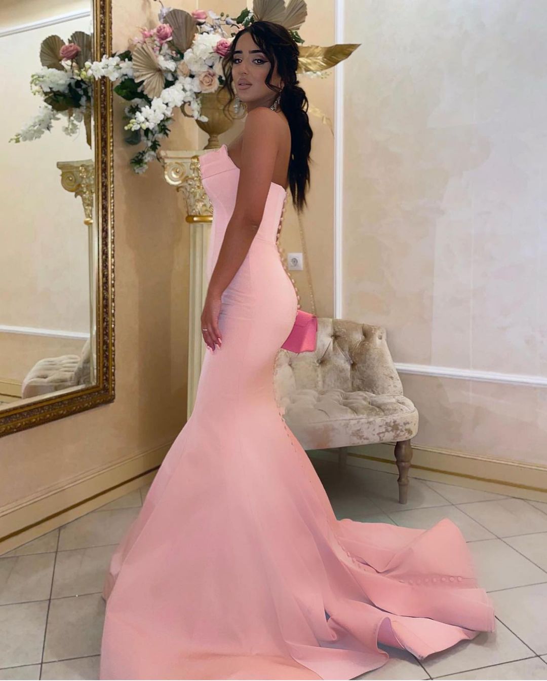 Modest Long Mermaid Strapless Satin Floor Length Prom Dress