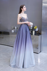 Elegant Long A-line V-neck Spaghetti Straps Appliques Beads Formal Evening Dress