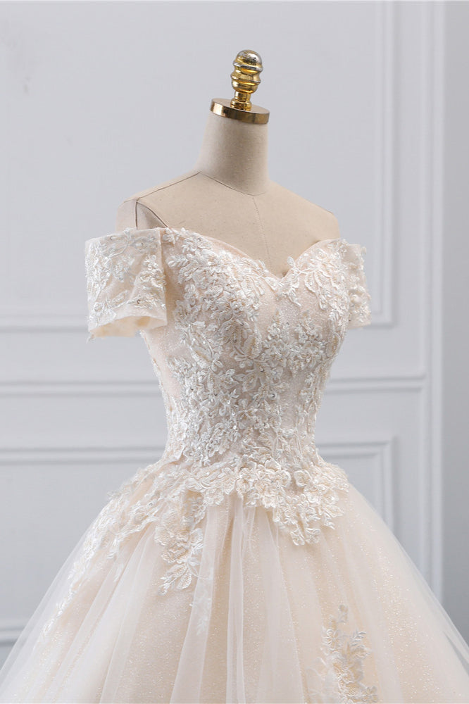 Long Ball Gown Off the Shoulder Tulle Wedding Dress with Appliques Lace