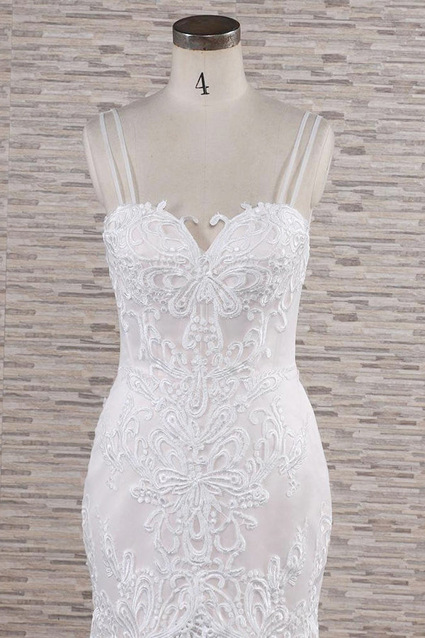 Chic Long Spaghetti Strap Appliques Lace Mermaid Wedding Dress