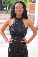 Long Halter Appliques Tulle Mermaid Black Prom Dress