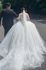 Plus Size White Long Ball Gown Sweetheart Tulle Lace Wedding Dresses with Sleeves
