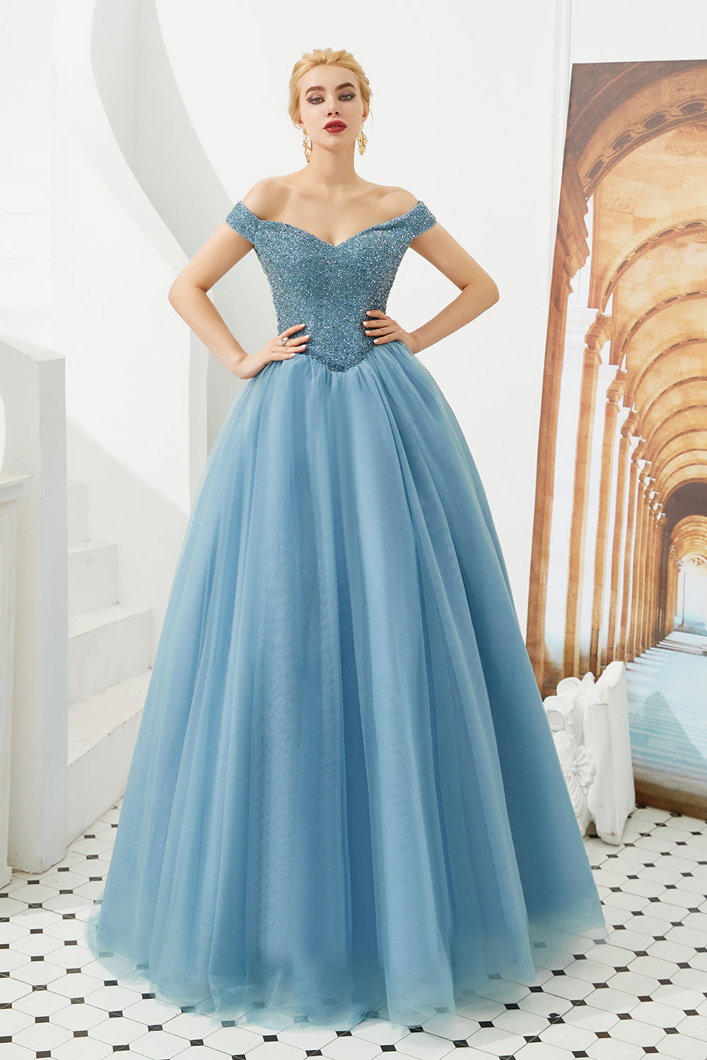 Long A-line Off the Shoulder Tulle Sequin Formal Dresses