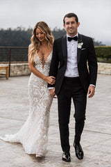 Elegant Long Mermaid Spaghetti Straps Lace V-neck Wedding Dresses