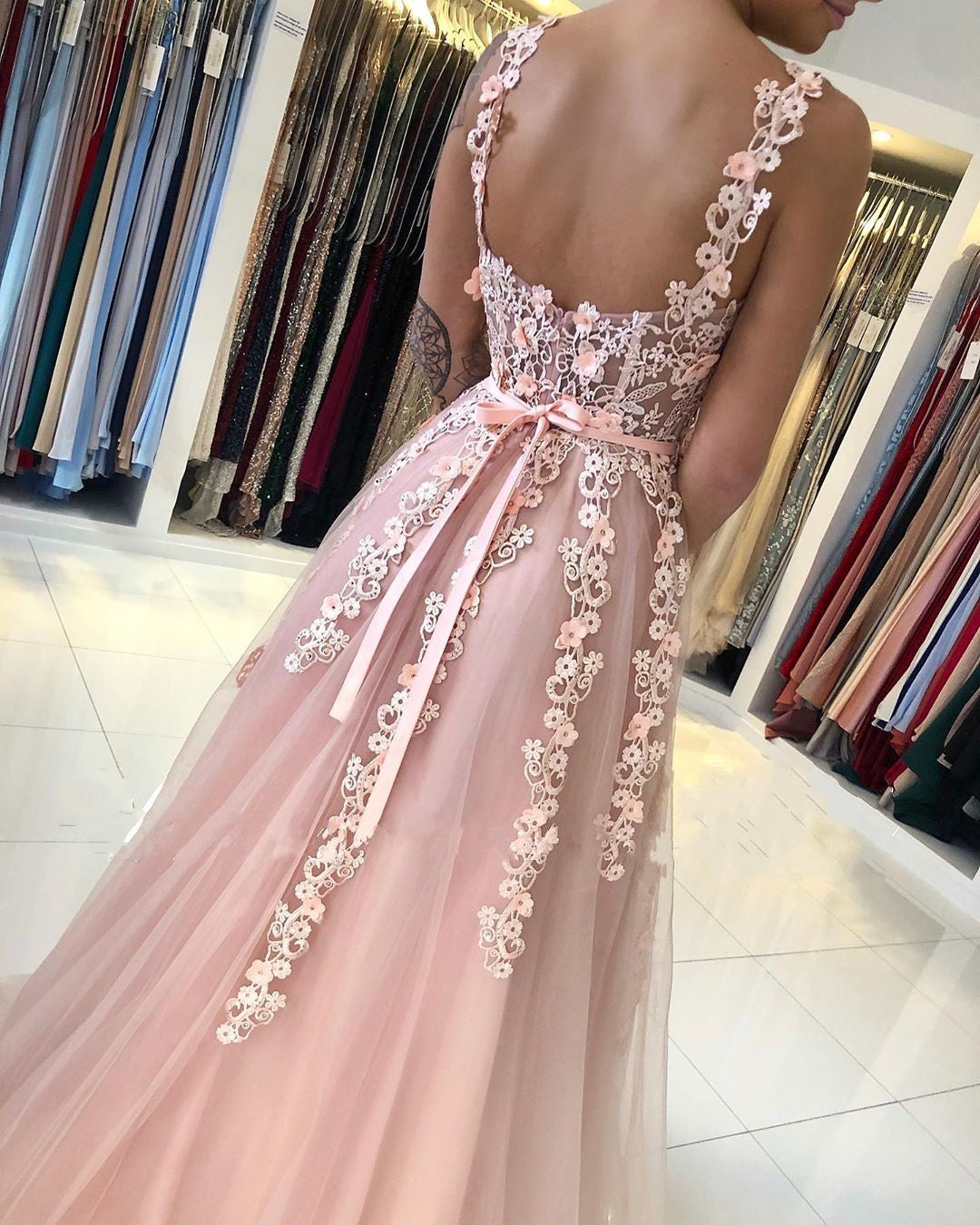Gorgeous Long A-line Open Back Lace Tulle Prom Dress