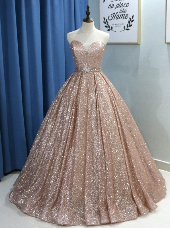 Shiny Long Sweetheart Sequins Floor Length Ruffles Ball Gown Prom Dress