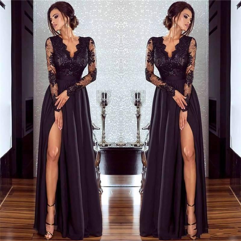 Chic Long A-line Chiffon Lace Front Split Prom Dress with Sleeves