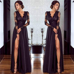 Chic Long A-line Chiffon Lace Front Split Prom Dress with Sleeves