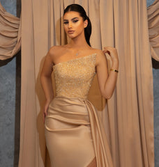 Elegant Long Mermaid Strapless Satin Formal Prom Dress with Slit