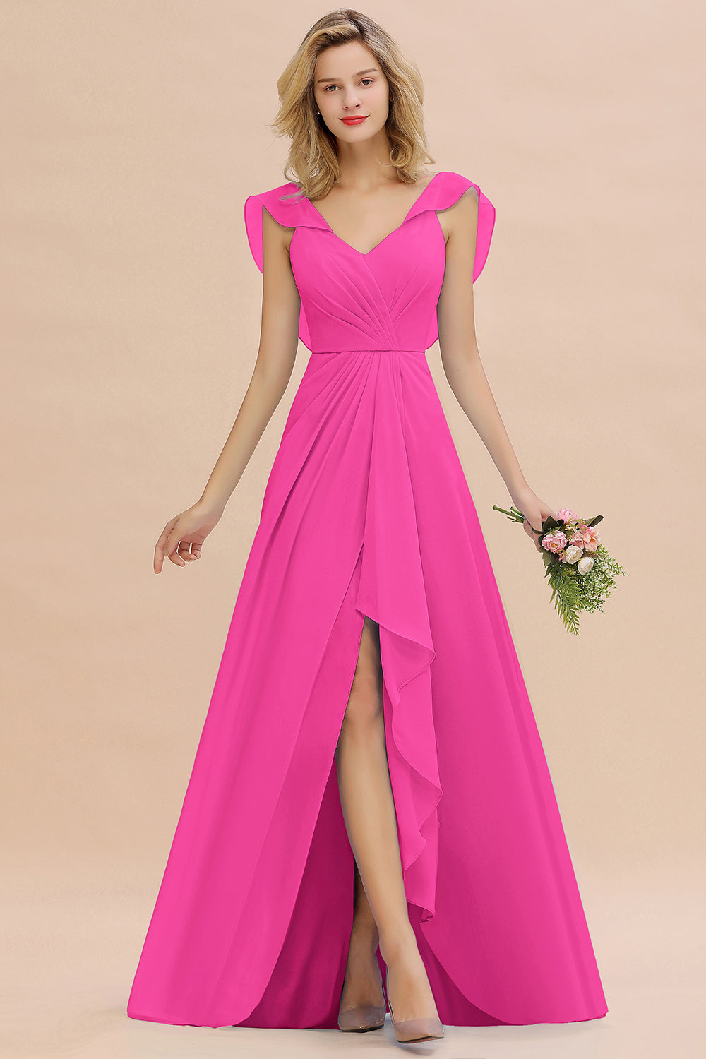 Simple High Low A-line V-Neck Ruffles Chiffon Bridesmaid Dress