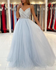 Long Spaghetti Straps V-neck Beading A-Line Tulle Ruffles Prom Dress