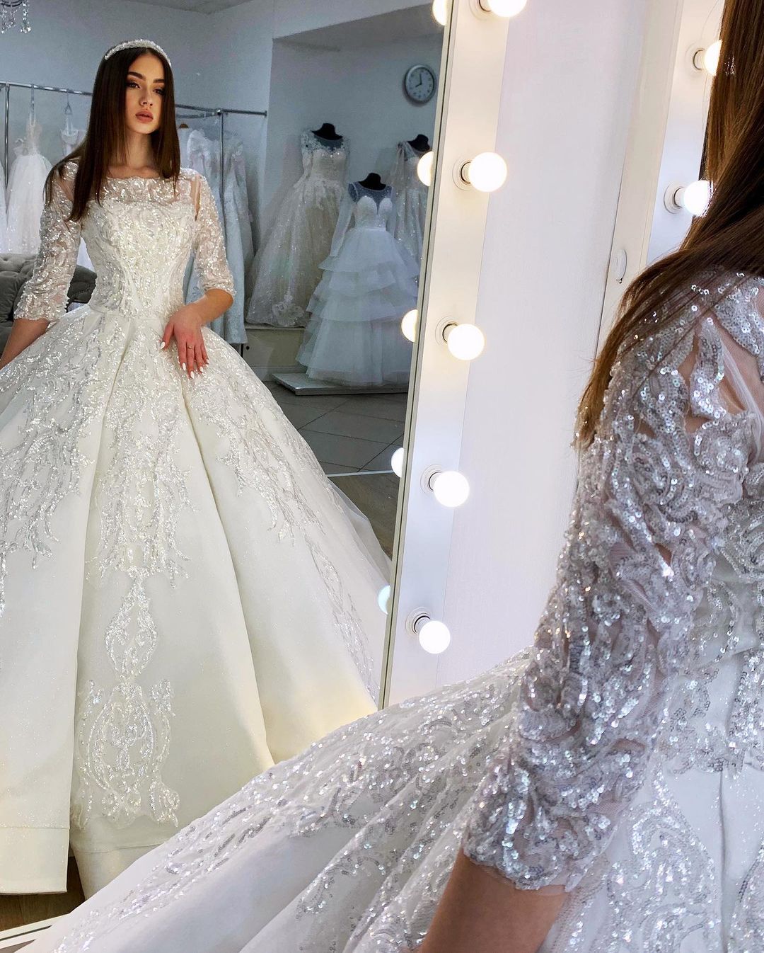Gorgeous Bateau Long Sleeve Appliques Lace Floor Length Satin Ball Gown Wedding Dresses