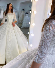 Gorgeous Bateau Long Sleeve Appliques Lace Floor Length Satin Ball Gown Wedding Dresses