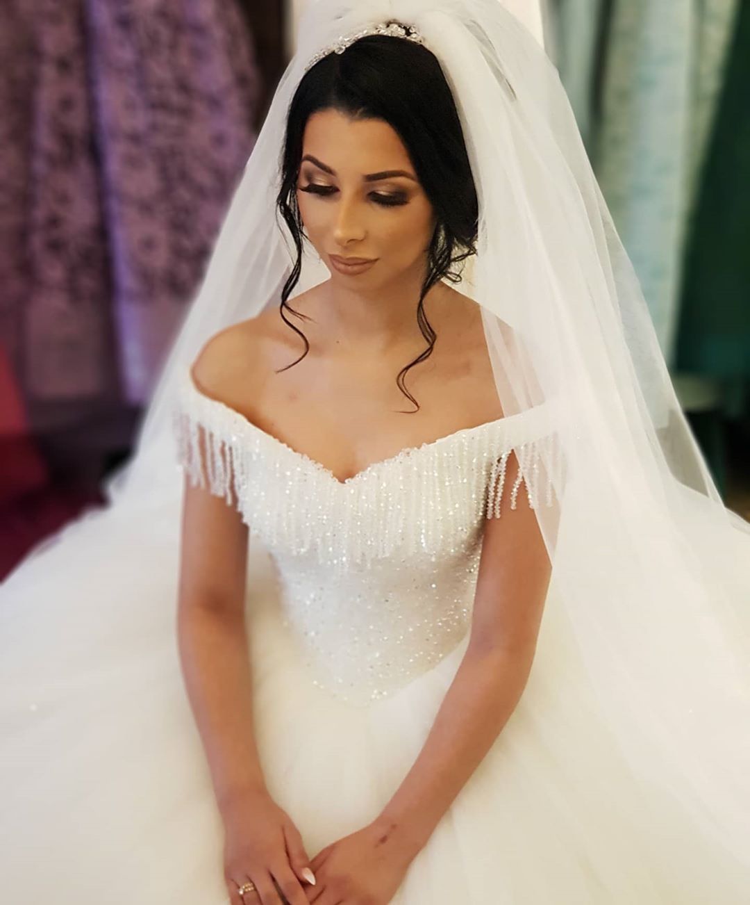 Elegant Long Off the Shoulder Beading Backless Tulle Floor Length Ball Gown Wedding Dress With Tassel