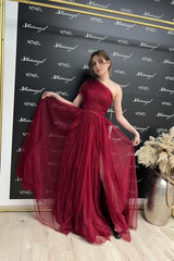 Simple Burgundy Long A-line One Shoulder Glitter Tulle Prom Dress with Slit
