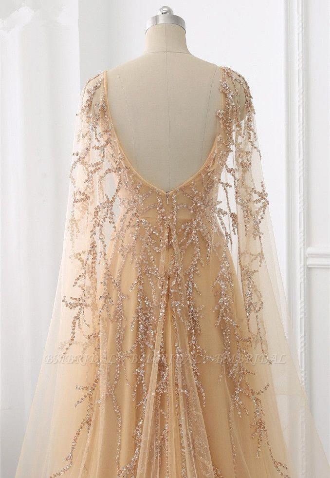 Long Sleeves Backless A-Line Tulle Beading Formal Evening Dress