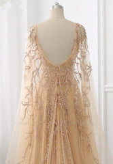 Long Sleeves Backless A-Line Tulle Beading Formal Evening Dress