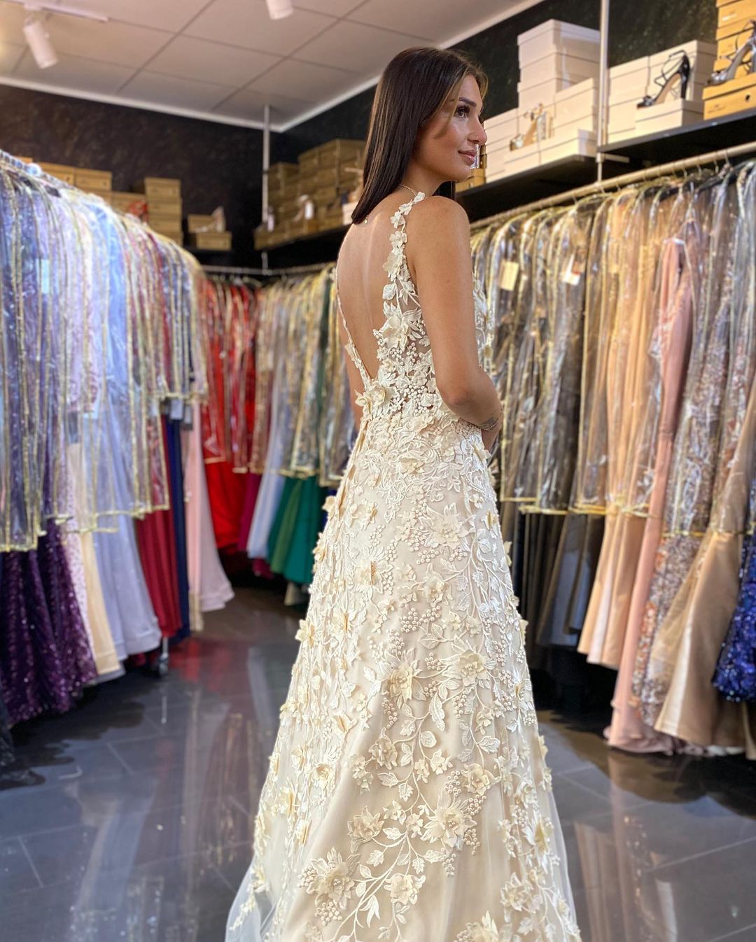 Long A-line V-neck Appliques Lace Ruffles Backless Prom Dress