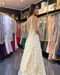 Long A-line V-neck Appliques Lace Ruffles Backless Prom Dress