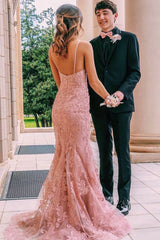 Long Mermaid V-neck Spaghetti Straps Lace Backless Prom Dress