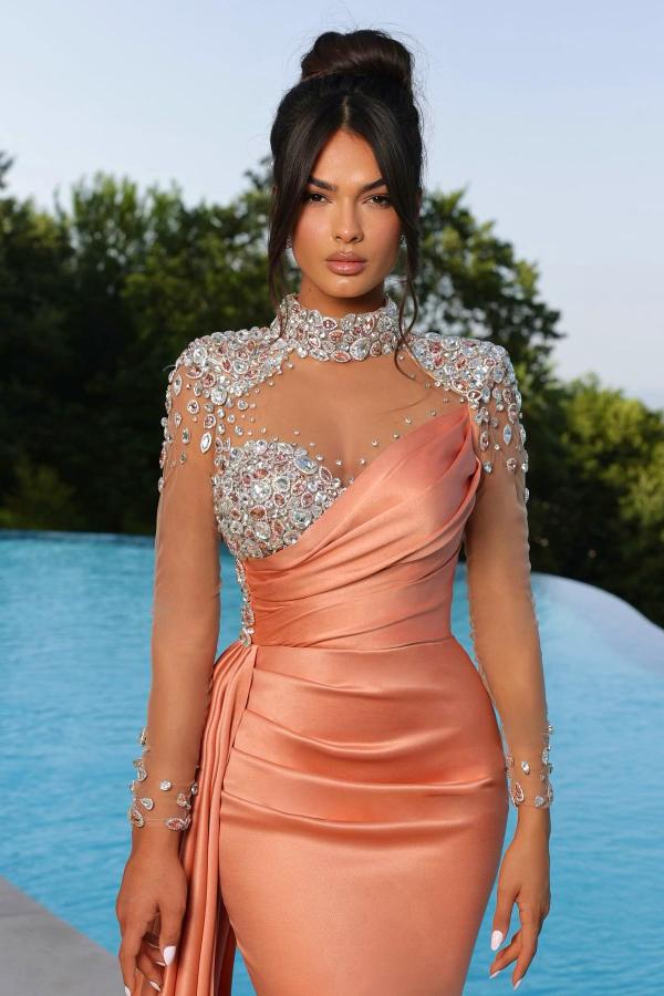 Long Mermaid High Neck Satin Beading Formal Prom Dresses with sleeves