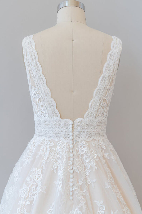Elegant Long V-neck Appliques Lace Tulle A-line Wedding Dress