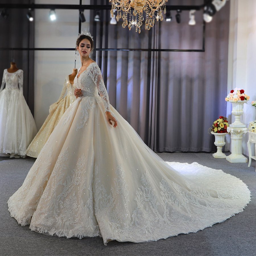 Classy Ball Gown Sweetheart Backless Long Sleeve Appliques Lace Sequins Wedding Dress