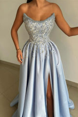 Long Strapless A-Line Satin Formal Prom Dress with Slit