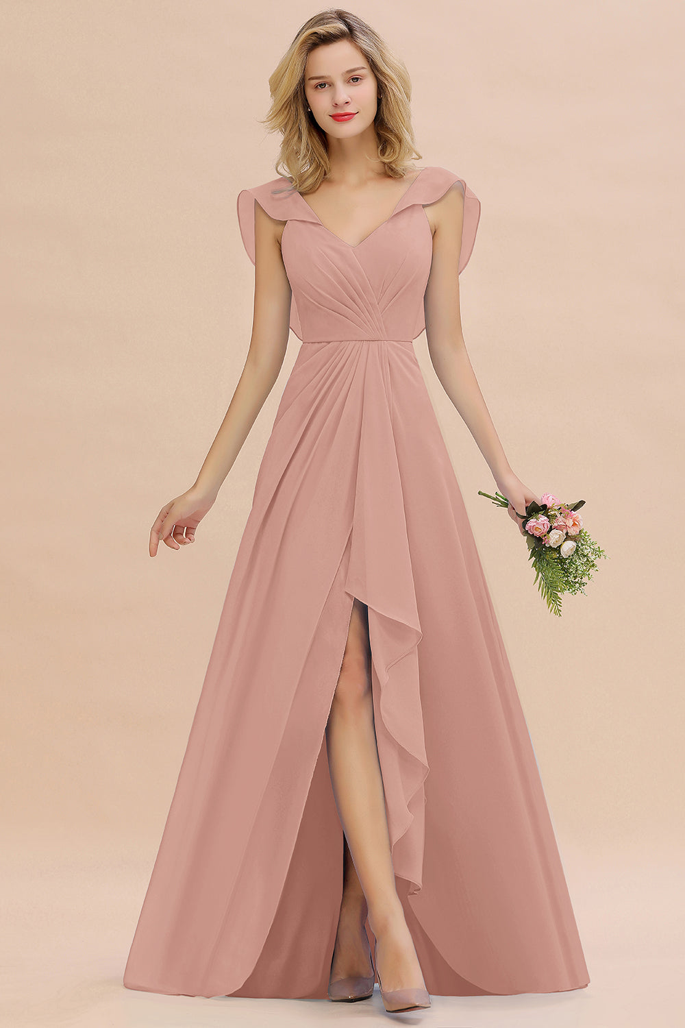 Simple High Low A-line V-Neck Ruffles Chiffon Bridesmaid Dress