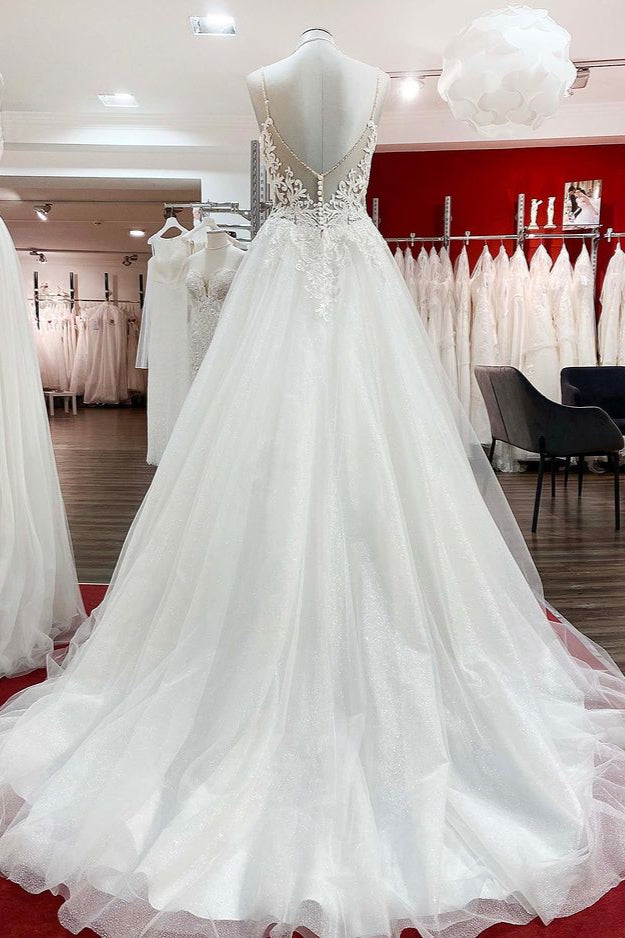 Long A-line V-neck Spaghetti Straps Ruffles Backless Wedding Dress with Lace