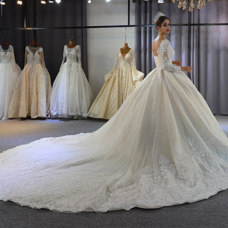 Classy Ball Gown Sweetheart Backless Long Sleeve Appliques Lace Sequins Wedding Dress