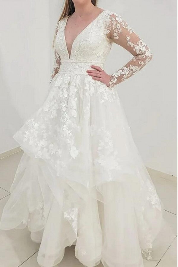 Modest Long A-line V-neck Tulle Lace Wedding Dresses with Sleeves