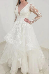 Modest Long A-line V-neck Tulle Lace Wedding Dresses with Sleeves