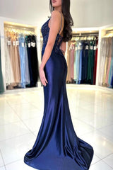 Dark Navy Long Mermaid V-neck Backless Prom Dresses with High Split