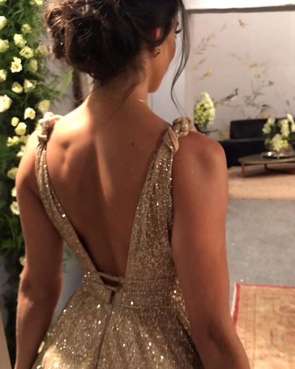 Long A-Line V-neck Backless Spaghetti Straps Glitter Prom Dress