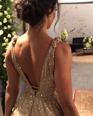 Long A-Line V-neck Backless Spaghetti Straps Glitter Prom Dress