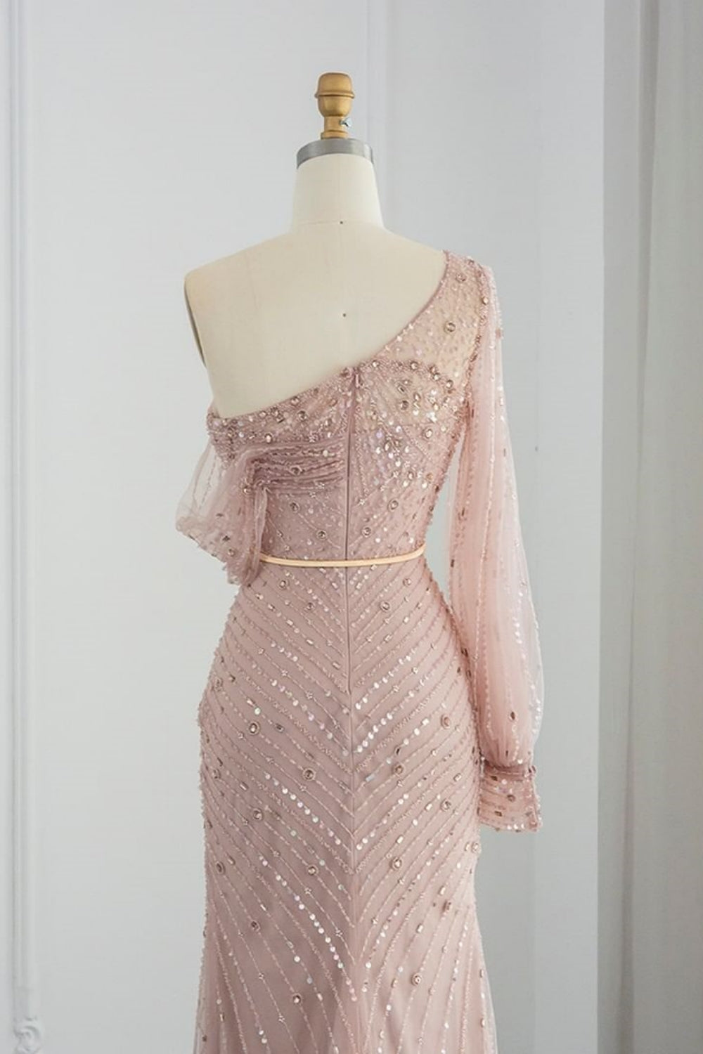 Stunning Long Mermaid One Shoulder Tulle Front Slit Evening Dress with Sleeves