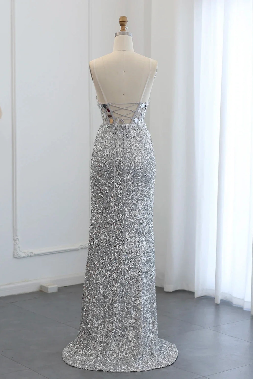 Sparkly Spaghetti Straps Mermaid Backless Split Front Prom Dress with Sequins