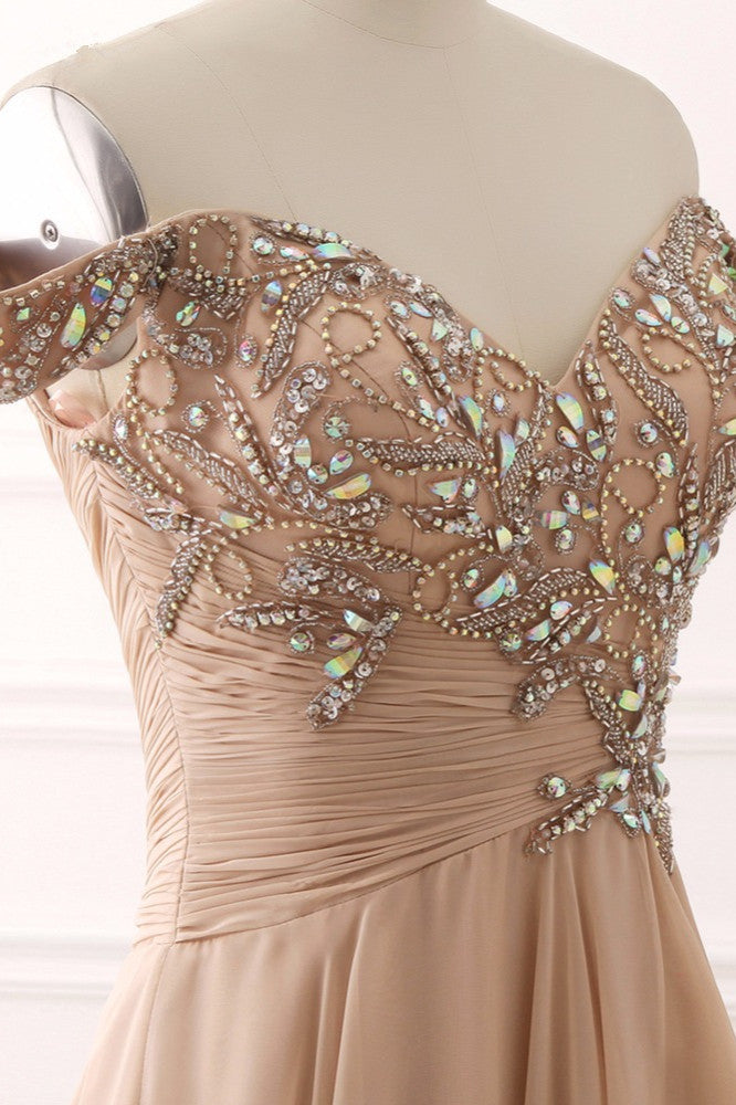 Long A-Line Off the Shoulder Beading Ruffles Chiffon Prom Dress