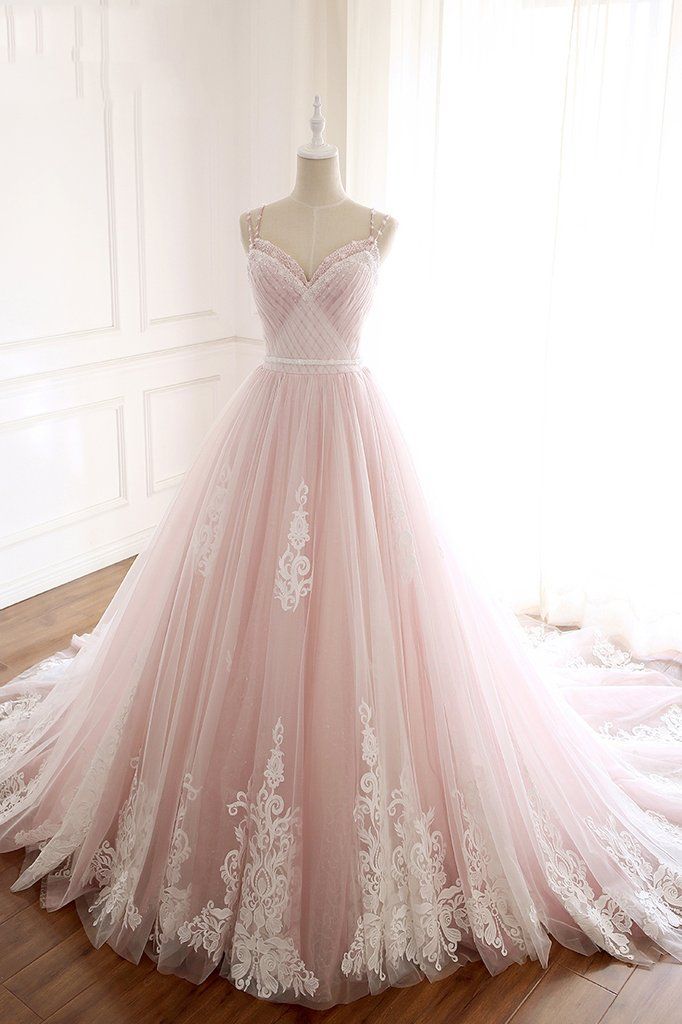 Long Spaghetti Straps Tulle A-Line Appliques Lace Floor Length Prom Dress