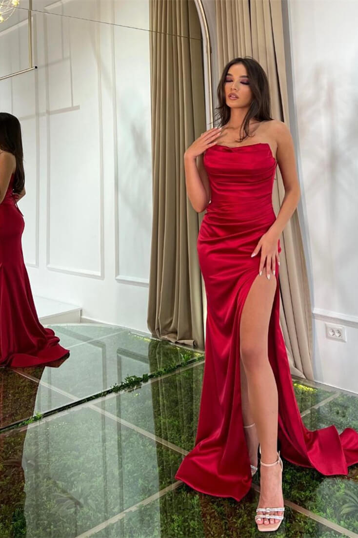 Simple Red Strapless Long Satin Mermaid Prom Dress with Slit