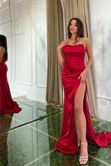 Simple Red Strapless Long Satin Mermaid Prom Dress with Slit