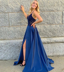 Long A-line V-neck Appliques Lace Ruffles Satin Prom Dress With Slit