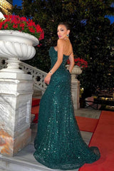 Dark Green Sparkly Long Mermaid Sweetheart Sequins Prom Dresses with Slit