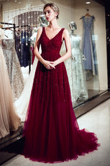 A-line V-neck Sleeveless Burgundy Sequins Tulle Long Evening Dresses