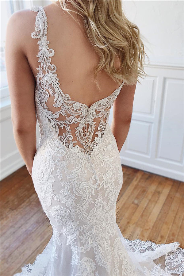 Long Sweetheart Straps Lace Appliques Tulle Mermaid Wedding Dresses