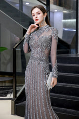 Long Sleeve Mermaid Sequins High-Neck Evening Dress