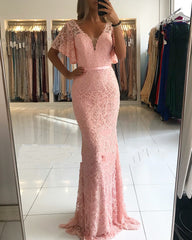 V-neck Backless Short Sleeves Beading Lace Mermaid Floor Length Prom Dress
